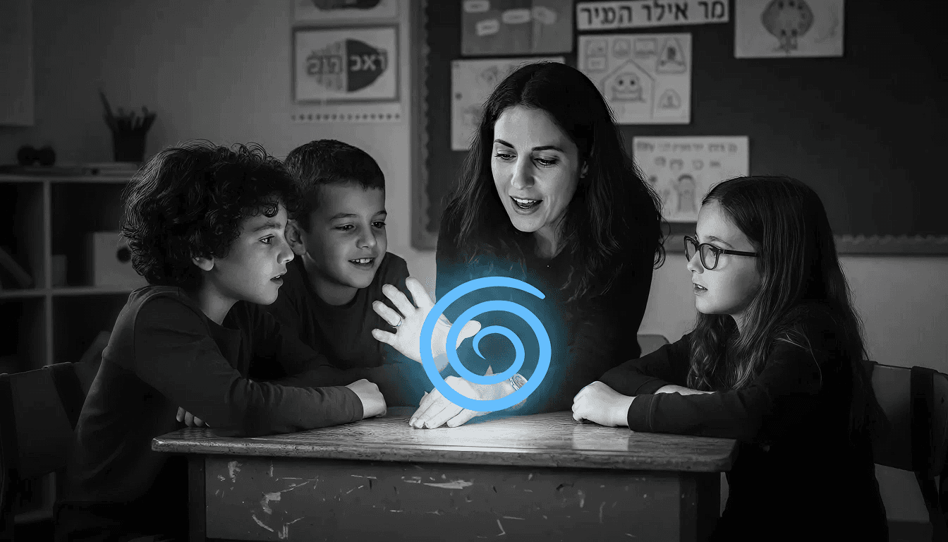מורה ותלמידים סביב שולחן עם ספירלה זוהרת בכחול